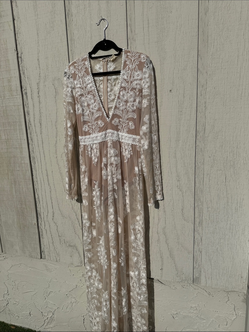 For Love & Lemons Nude and White Floral Lace Maxi Dress